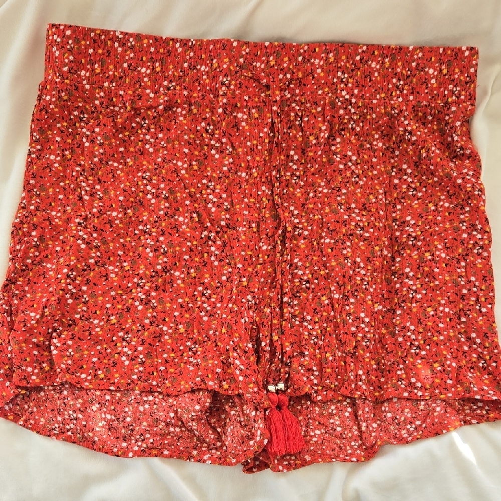 Vibrant Red Patterned Shorts with Tassel